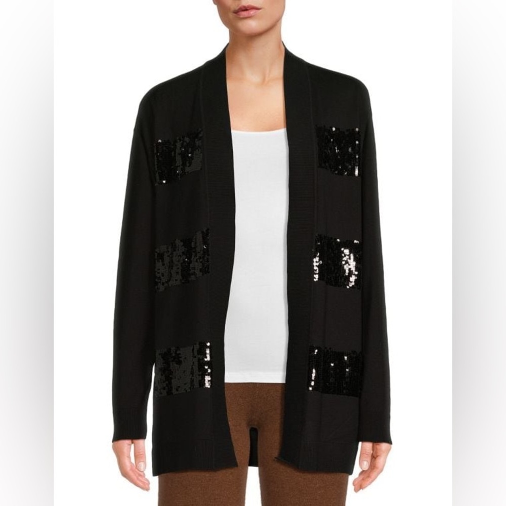 NWT DKNY Black Sequin Open Front Cardigan